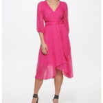 ダナ キャラン ニューヨーク レディース ワンピース トップス 3/4 Balloon Sleeve V-Neck Sheer Overlay Faux Wrap Dress Pink Glass