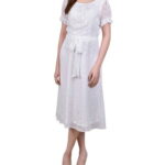 ニューヨークコレクション レディース ワンピース トップス Women's Short Sleeve Belted Swiss Dot Dress Ivory Multi Circle