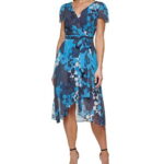 ダナ キャラン ニューヨーク レディース ワンピース トップス Retro Floral Print Short Flutter Sleeve Surplice V-Neck Faux Wrap Midi Dress Blue Multi