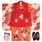 七五三 着物 被布セット 3歳 女の子 マユミ 朱赤染め分け 被布赤色 刺繍桜 芍薬 足袋付き12点フルセット